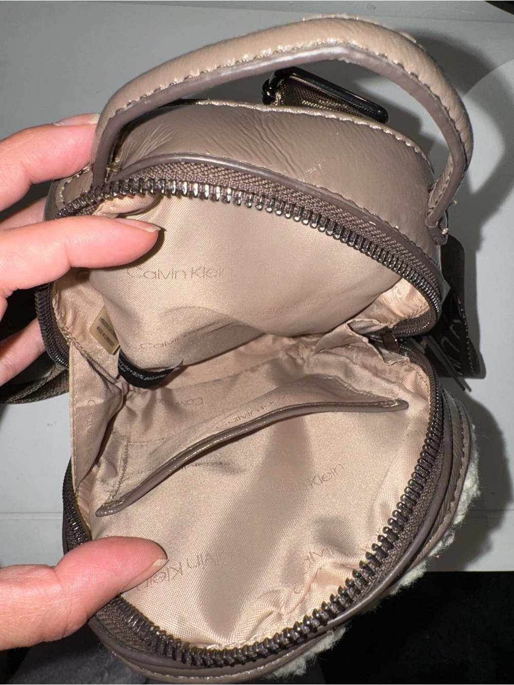 Calvin Klein Cream Sherpa Mini Backpack with Brown Trim - Picture 6 of 8